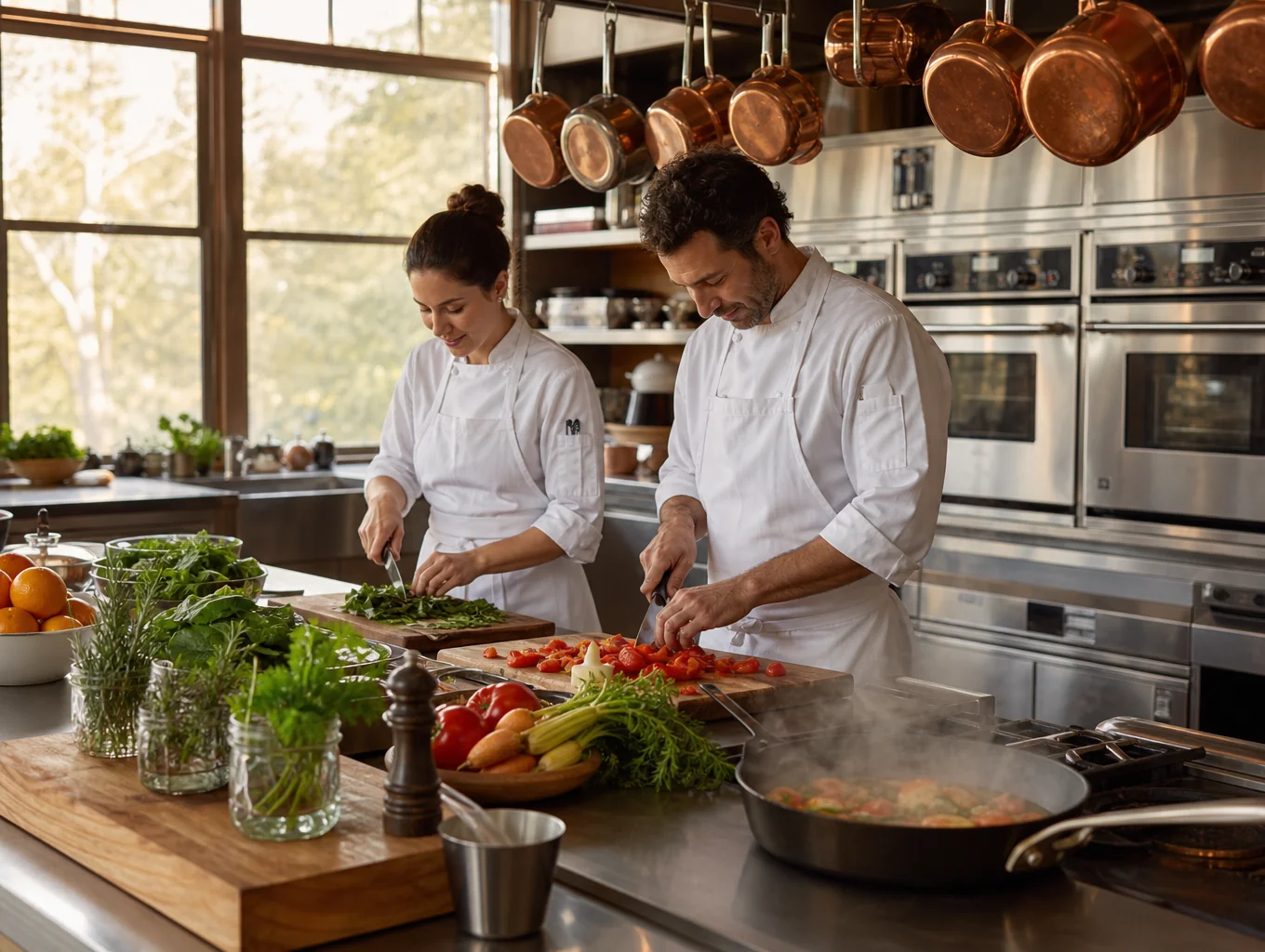Chef preparing seasonal ingredients in our open kitchen
