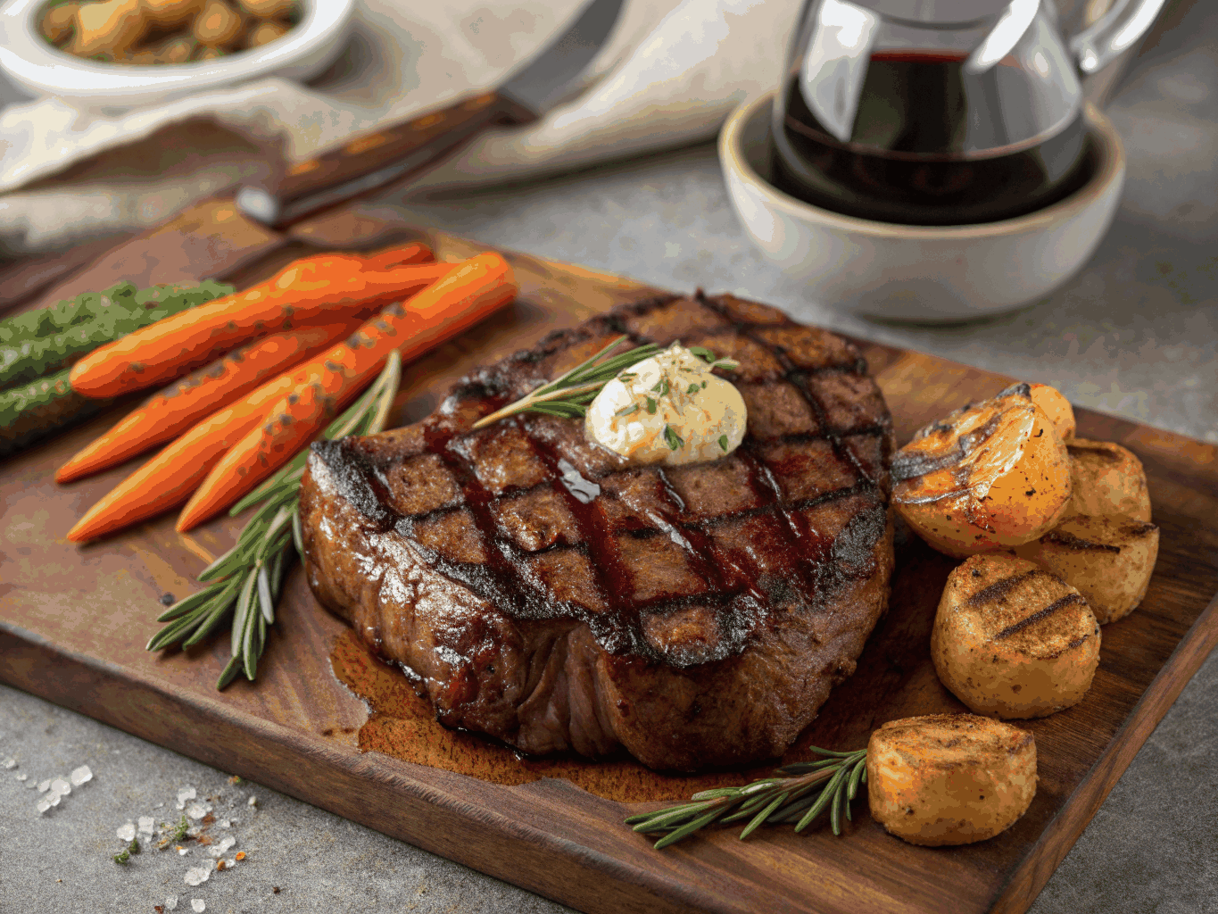 Perfectly seared ribeye steak with charred vegetables