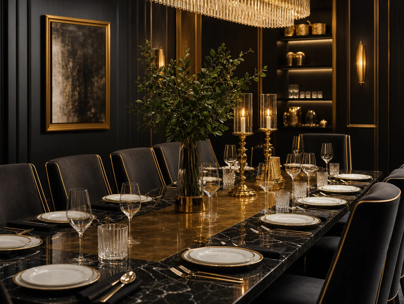 Elegant private dining room with minimalist decor and soft lighting