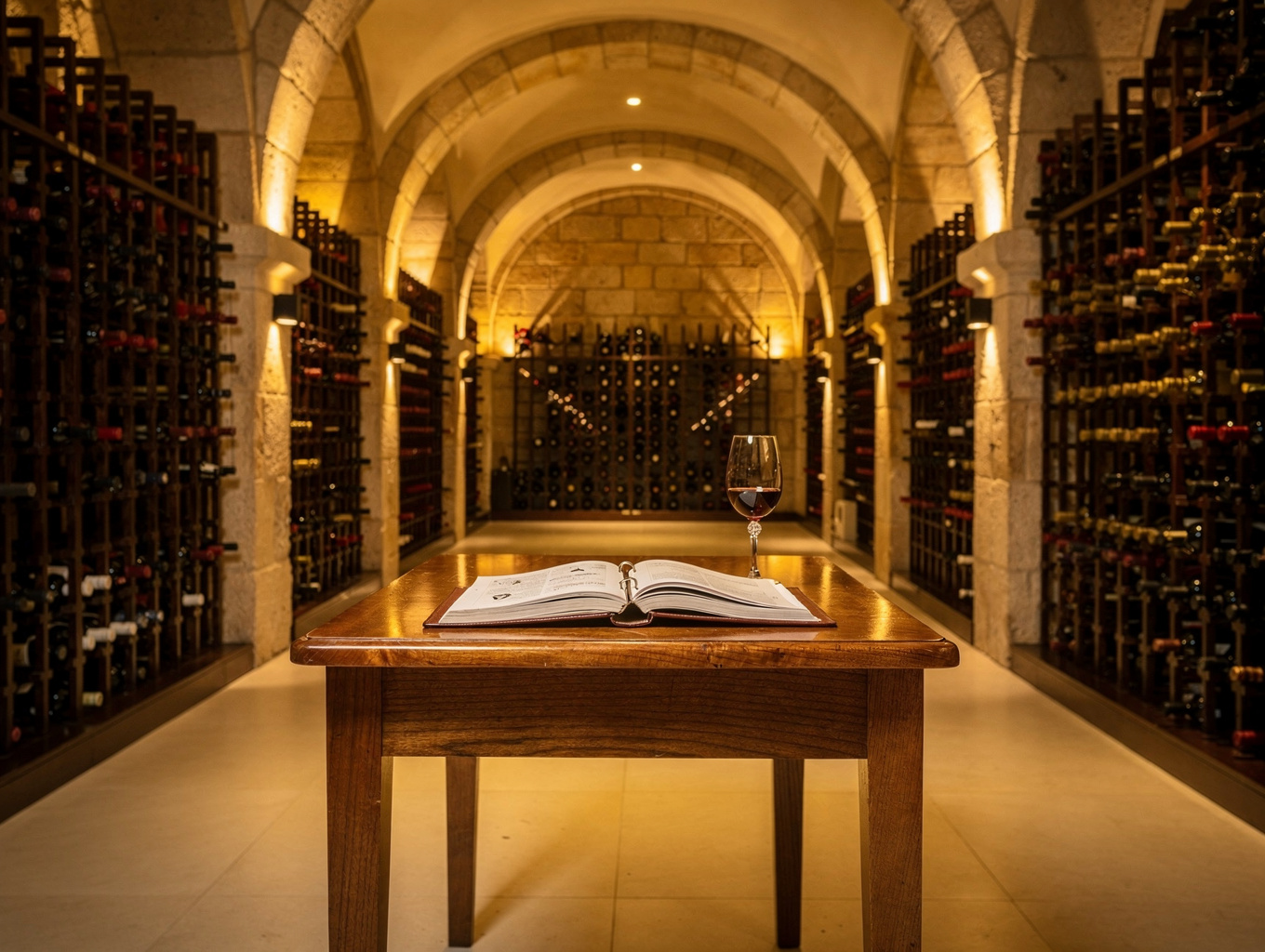 Intimate wine cellar with curated bottle displays and private seating