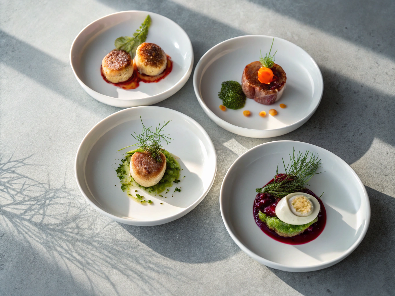 Artfully plated seven-course tasting menu on dark slate