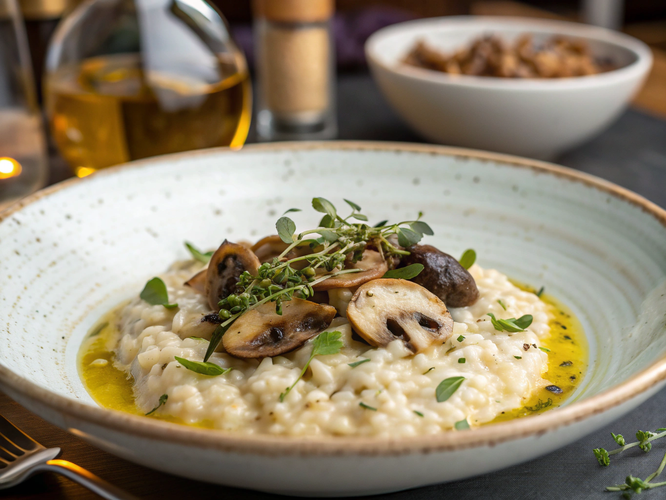 Creamy mushroom risotto topped with shaved black truffle