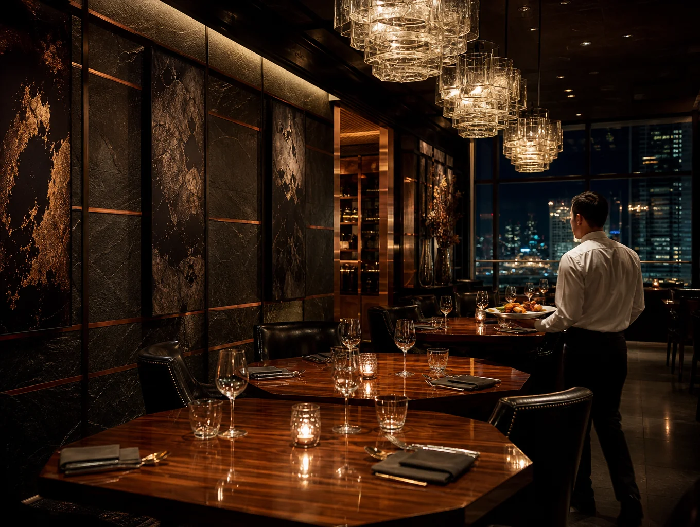 Modern restaurant dining room with sleek architecture and ambient lighting