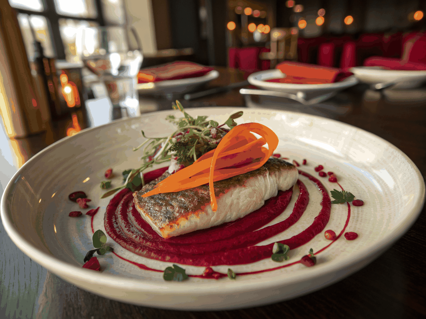 Expertly plated seasonal dish with elegant presentation